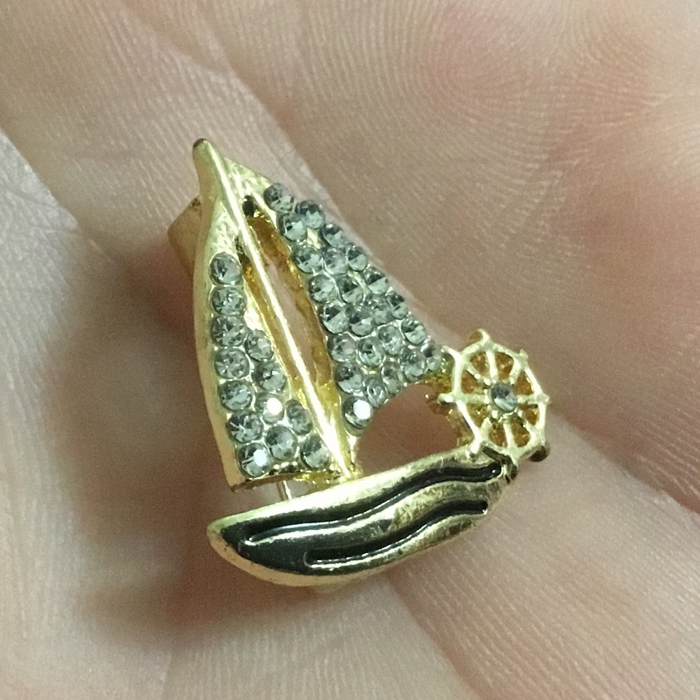 Gold Sailboat Rhinestone Crystal Brooch Pin